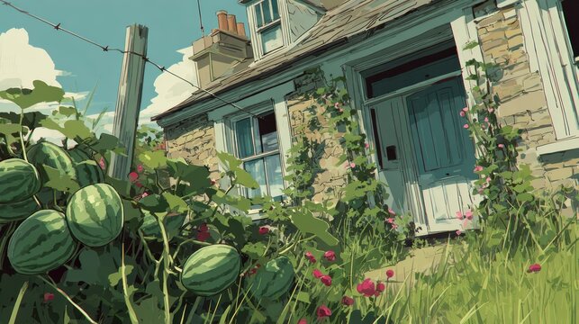 Lush watermelon patch grows vigorously beside a rustic stone cottage entrance on a bright day