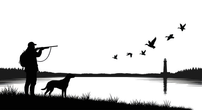 Silhouette of a hunter aiming at ducks near a lighthouse with his dog
