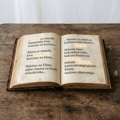 Naklejka premium Open Antique Book with Swahili Educational Literature Text