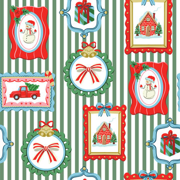 Christmas frames striped seamless pattern with vintage holiday ornaments gifts