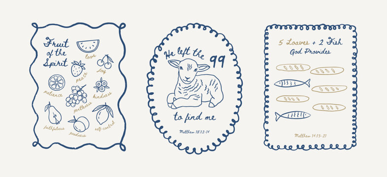 Christian bible Elements Collection, Christian Line Symbols Sketch, Religion Hand Drawn Art, Biblical symbols doodle posters