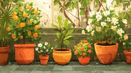 Fototapeta premium Various fruit bearing and flowering botanical specimens display their vibrant growth in terracotta containers.