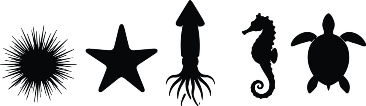Black sea animal silhouettes set featuring sea urchin starfish squid seahorse and sea turtle isolated 