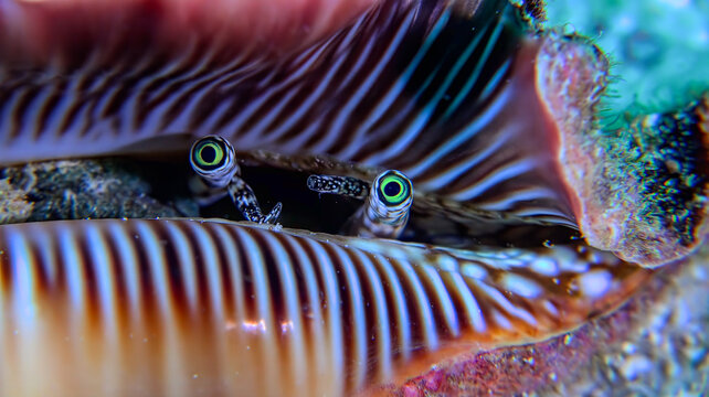 Macro shot of a conch shell with its striking green eyes peeking out. Unique underwater wildlife photography, perfect for collectors