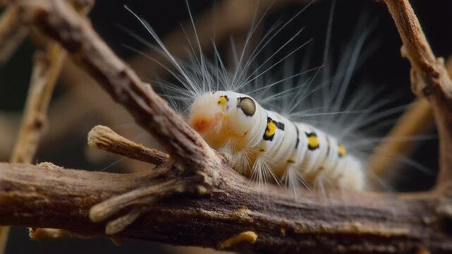 Hairy moth larva crawling on a dry branch in macro view