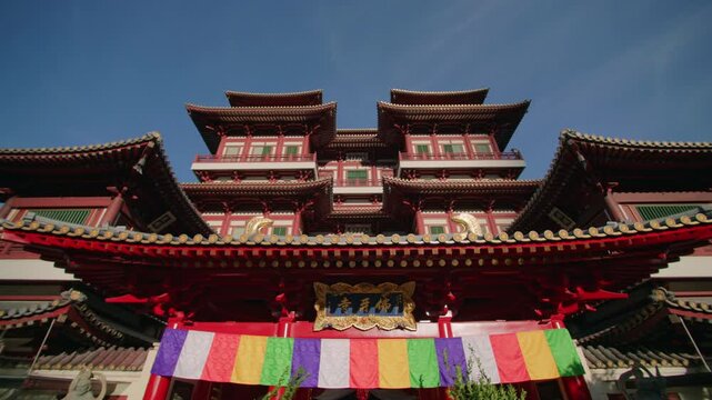 Buddha Tooth Relic Temple in Singapore in Chinatown. Historical architecture with pagodas, preparation for the new year, travel and tourism in Asia.
