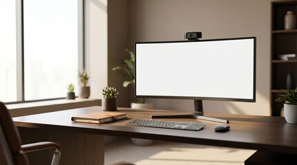 Fototapeta premium Blank wide monitor, webcam, and leather journal on a pristine desk providing copy space for global remote sync and EdTech branding.
