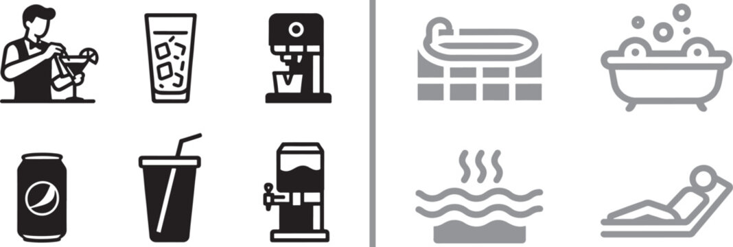 Hospitality and spa service icon set with bartender drinks coffee pool bathtub and relaxation symbols for hotel and resort amenities