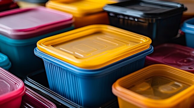 Colorful Plastic Food Storage Containers Stacked.