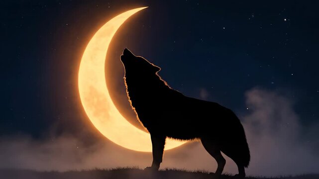 A silhouette of a wolf howling at the moon, starry night