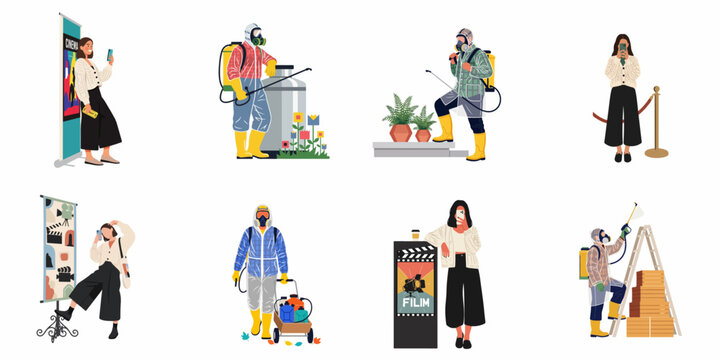 Collection of flat illustrations showing pest control professionals in protective gear and people taking selfies at cinema events and film premieres.