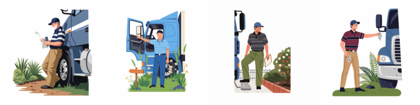 Flat illustration set of professional male truck drivers performing various tasks like map reading, cleaning, and inspecting their blue commercial semi-trucks.
