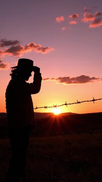 Cowboy silhouette at sunset, rural ranch life