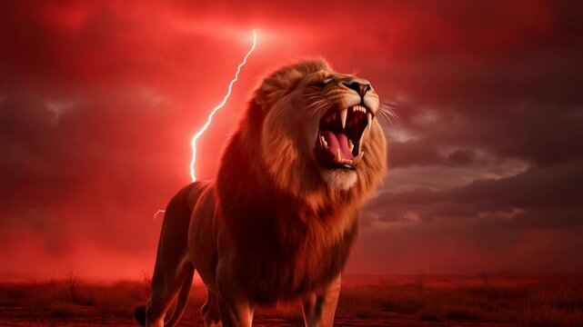 Lion standing in a savanna landscape under a red stormy sky with lightning