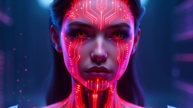 Portrait of a futuristic female android with glowing red circuitry on her face in a dark tech environment