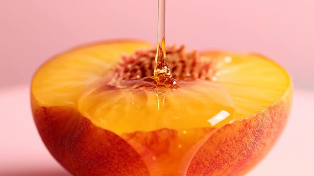 Aesthetic halved ripe peach with golden honey