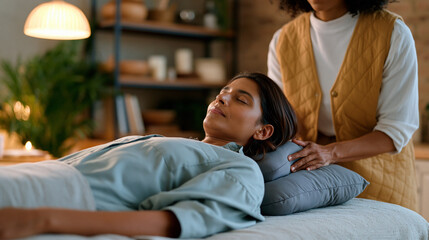 Obraz premium Young South Asian woman lying on a treatment table in a holistic therapy studio, therapist placing weighted cushions along her torso as part of somatic nervous system regulation work, soft overhead 