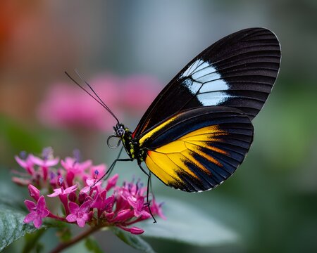 Vibrant heliconian butterfly rests gracefully, its colorful wings contrasting beautifully against a backdrop of soft pink flowers and lush green
