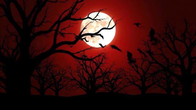 A silhouette of trees against a blood-red sky with a large, bright moon