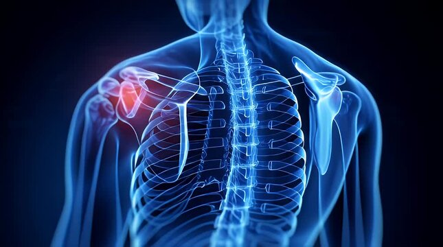 3d rendered illustration of a human skeleton medical x-ray scan showing a man with a painful backbone, spine, and chest injury