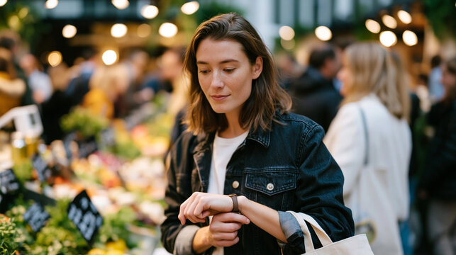 Young woman in a crowded indoor farmers market standing near a produce stall, pressing two fingers to her wrist to check her pulse during a panic episode, vibrant market stalls and busy shoppers sur