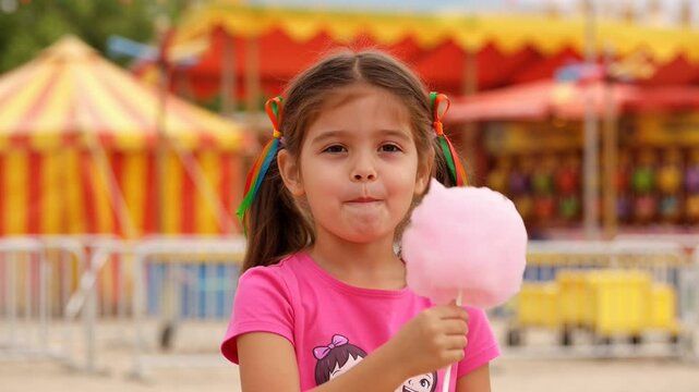 Cheerful young girl holding pink cotton candy while smiling at a colorful carnival fairground