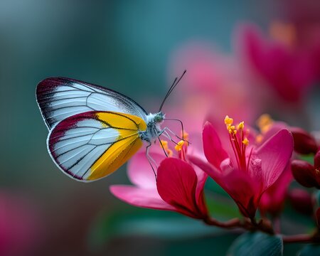 Vibrant heliconian butterfly rests gracefully, its colorful wings contrasting beautifully against a backdrop of soft pink flowers and lush green