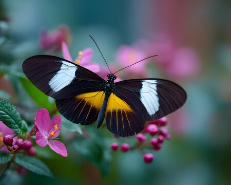 Vibrant heliconian butterfly rests gracefully, its colorful wings contrasting beautifully against a backdrop of soft pink flowers and lush green