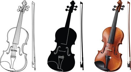 Collection of violins and bows in outline silhouette and realistic styles perfect for music education classical concert promotions or graphic design projects © Zohaib