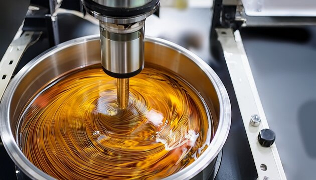 medium shot of a lab mixer blending nanoparticle additives into oil capturing swirling motion and precision mixing for advanced wear protection applications