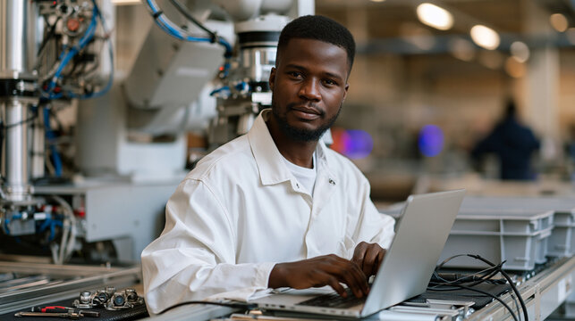 E-commerce fulfillment robotics technician calibrating a pick-and-place arm at a goods-to-person station, laptop connected via USB diagnostics cable, order bins paused mid-queue, spare sensor compon