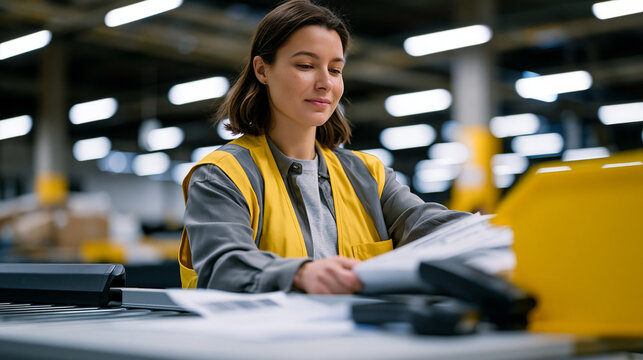 E-commerce quality control inspector pulling random orders from a fulfillment conveyor to verify item accuracy and packaging condition, standing at a light inspection table in an otherwise empty qua