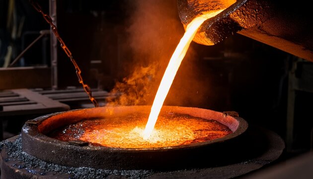 a stream of glowing molten metal being poured from a dark crucible into a casting mold in a foundry