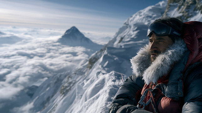 Himalayan expedition climber clipping a jumar onto a fixed rope above a sea of clouds at high altitude, down suit frosted at collar, distant summit pyramid visible, mountaineering high camp ascent e