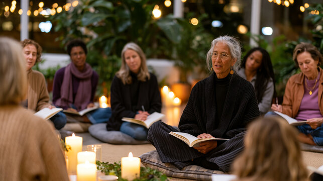 Intergenerational group of women gathered in a circle on cushions inside a softly lit community wellness room, each person holding open notebooks in their laps, a therapist leading a trauma-informed