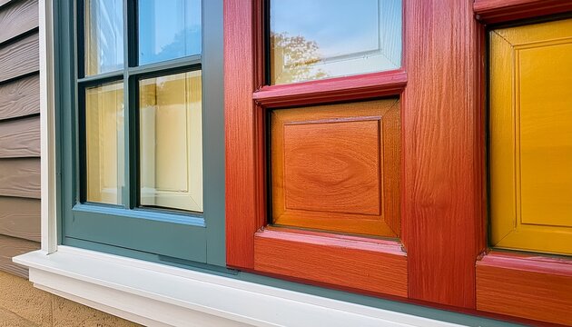 closeup medium shot of colorcoated aluminum clad windows featuring vibrant exterior finishes combined with rich wood interiors blending style with robust weather protection