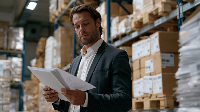 Inventory shrinkage auditor reviewing discrepancies between physical count sheets and WMS data in an empty bulk storage aisle at midday, every pallet location labeled with a location barcode, the sc