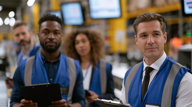Multicultural warehouse leadership team doing a gemba walk through a packaging line, each manager observing a different workstation, clipboards recording throughput observations, production metrics 