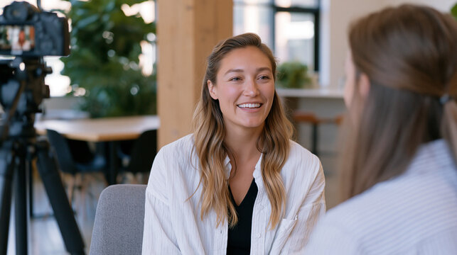 Social proof strategist conducting a video interview with a satisfied small business client in a bright professional office, a camera mounted on a tripod capturing authentic testimonial footage as t