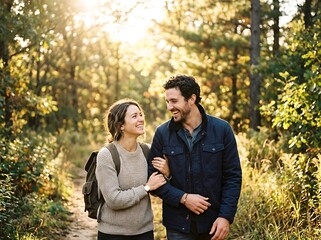 Fototapeta premium A happy couple walks arm in arm on a sun-drenched forest path, enjoying a peaceful moment together amid autumn foliage