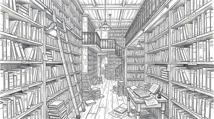 Fototapeta premium Large bookstore aisle with endless shelves and detailed perspective rendered in fine pencil illustration.