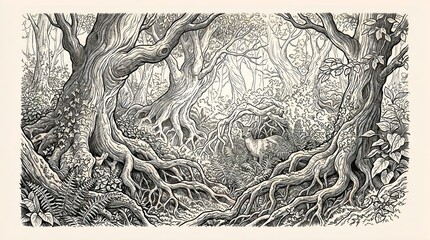 Obraz premium Enchanted forest with twisting tree roots and magical atmosphere in intricate pencil illustration.