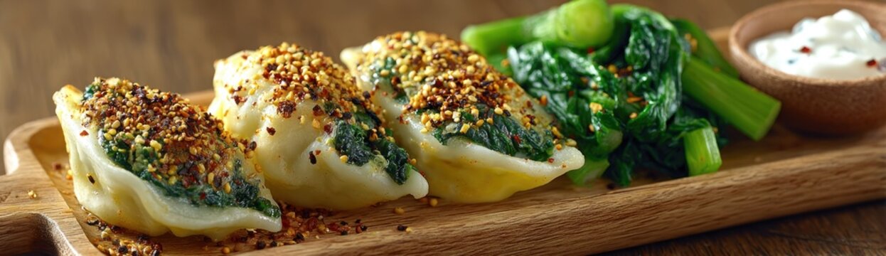 Cooked pasta pockets filled with savory green stuffing and sprinkled with spice topping are served alongside greens and dipping sauce