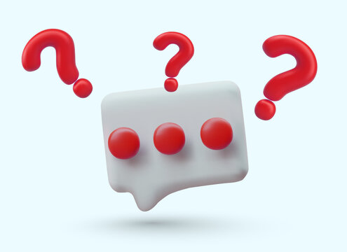 Concept of questions in communication. 3D comment sign with three dots, exclamation marks. Curiosity, inquisitiveness, searching for answer. Online help, virtual consultation, support