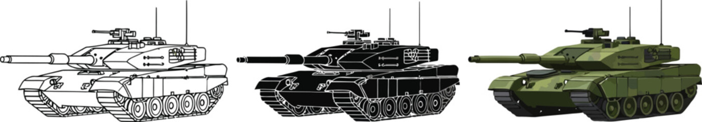 Modern main battle tank vector illustration featuring detailed outline solid black silhouette and green colored versions perfect for military defense and war-themed graphic design © Zohaib