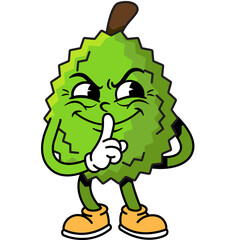 Fototapeta premium Mischievous Groovy Retro Durian Character with Cheeky Evil Grin Face, Fun Cute Cartoon Illustration of Naughty Smirking Durian Fruit in Vintage Groovy Style