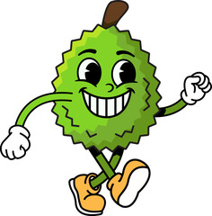 Fototapeta premium Groovy Retro Durian Character Walking with Confident Stride, Fun Cute Cartoon Illustration of Cool Happy Strolling Durian Fruit with Casual Walk Pose in Vintage Groovy Style