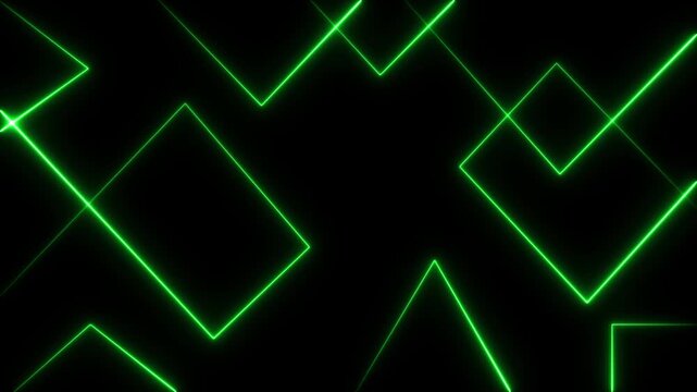 Intersecting bright green neon light lines forming geometric shapes on black