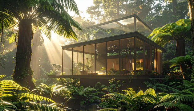 Modern glass house in lush forest