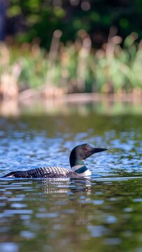 A single loon swimming in a calm body of water.